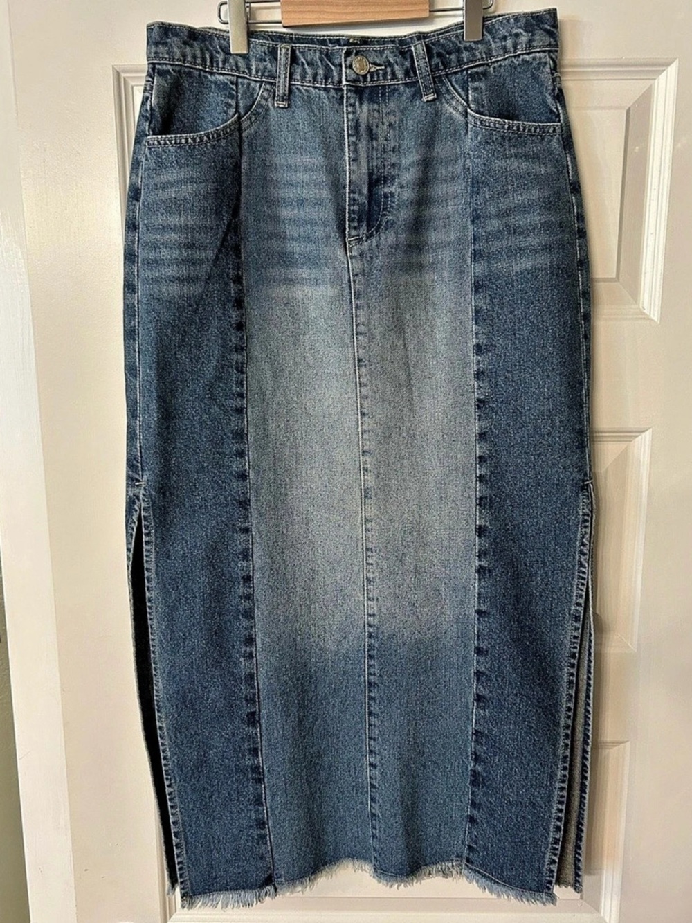 Aaron & Amber Denim High Slit Midi Skirt Blue Size Large